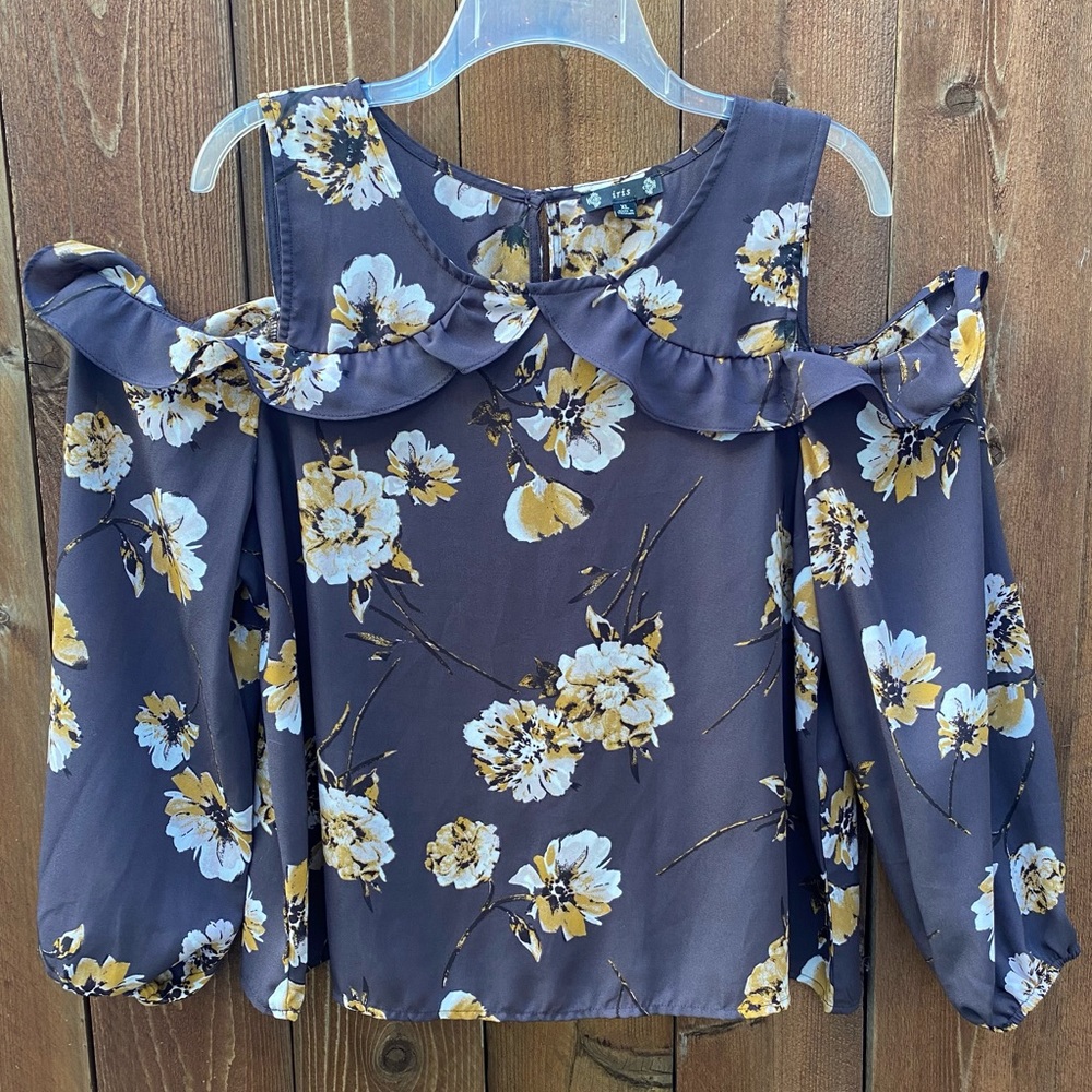 Iris deep gray and gold cold shoulder top; long sleeve with ruffles